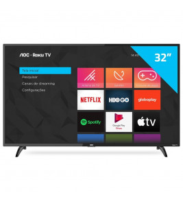 AOC Roku TV Smart TV LED 32” 32S5195/78 com Wi-fi, Controle Remoto com atalhos, Roku Mobile, Miracast, Entradas HDMI e USB